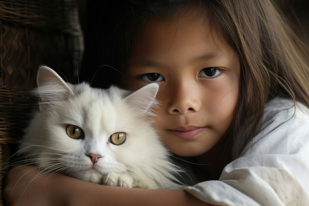 Thai kid with an Thai cat pet portrait mammal. AI generated Image by rawpixel.