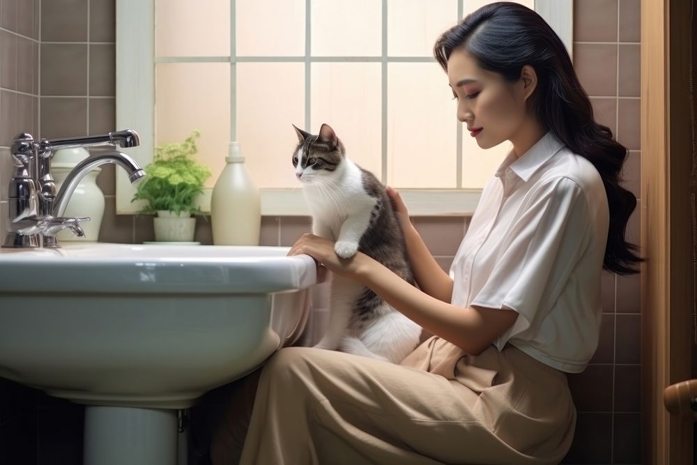 Thai woman with an Thai cat in bathroom pet sitting animal. AI generated Image by rawpixel.