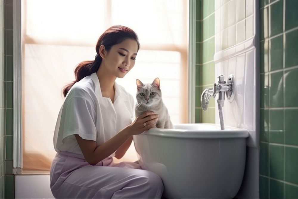 Thai woman with an Thai cat pet bathroom mammal. AI generated Image by rawpixel.