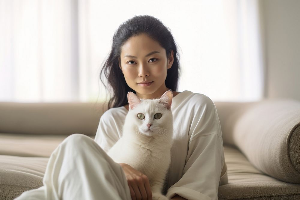 Thai woman with an Thai cat pet furniture portrait. AI generated Image by rawpixel.