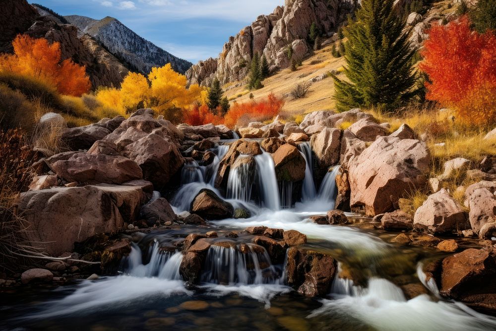 Fall season landscape wilderness waterfall. AI generated Image by rawpixel.