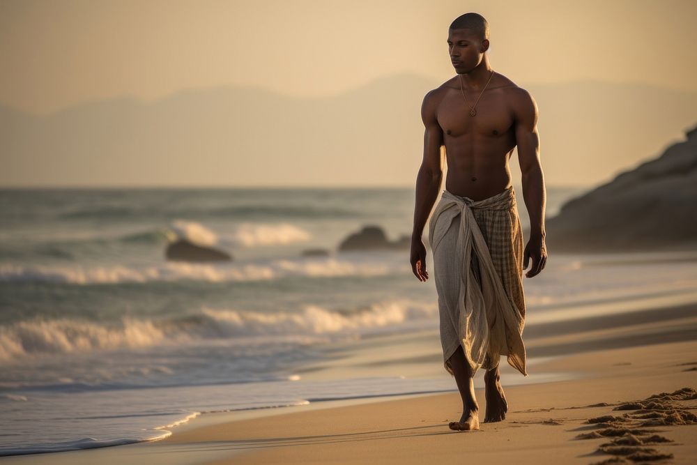 Black South African man walking summer beach. AI generated Image by rawpixel.