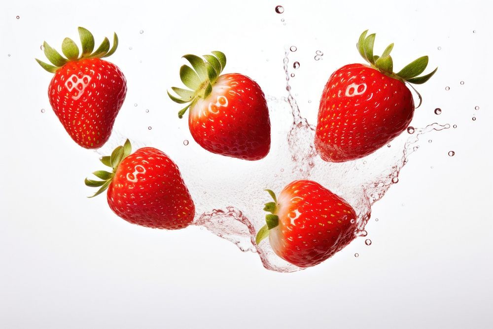 Four strawberries jumping into the air and slice strawberries strawberry fruit plant. AI generated Image by rawpixel.