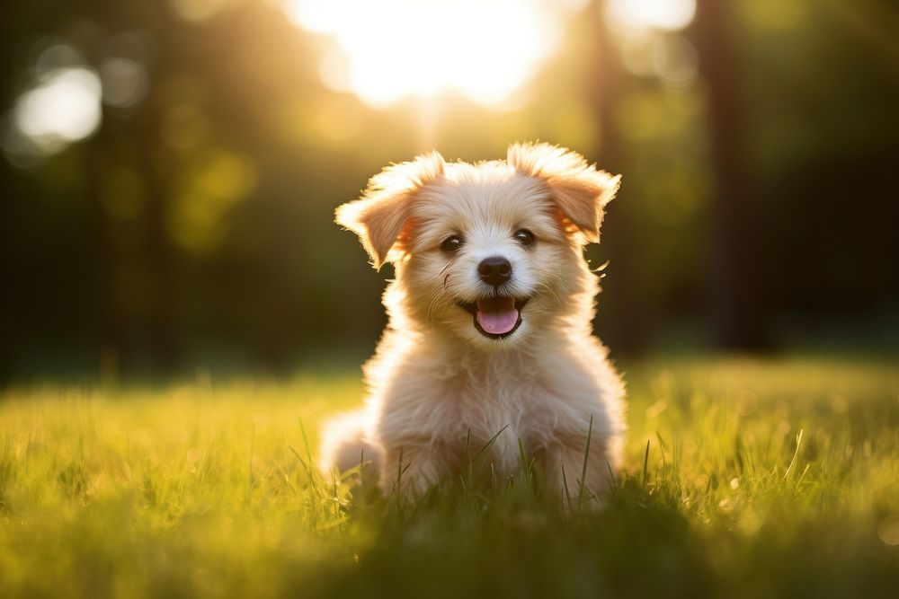 Happy puppy dog grass outdoors mammal. AI generated Image by rawpixel.
