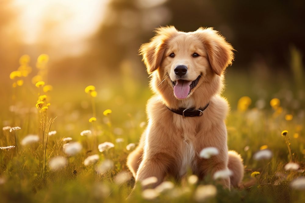 Happy puppy gloden dog mammal animal flower. AI generated Image by rawpixel.