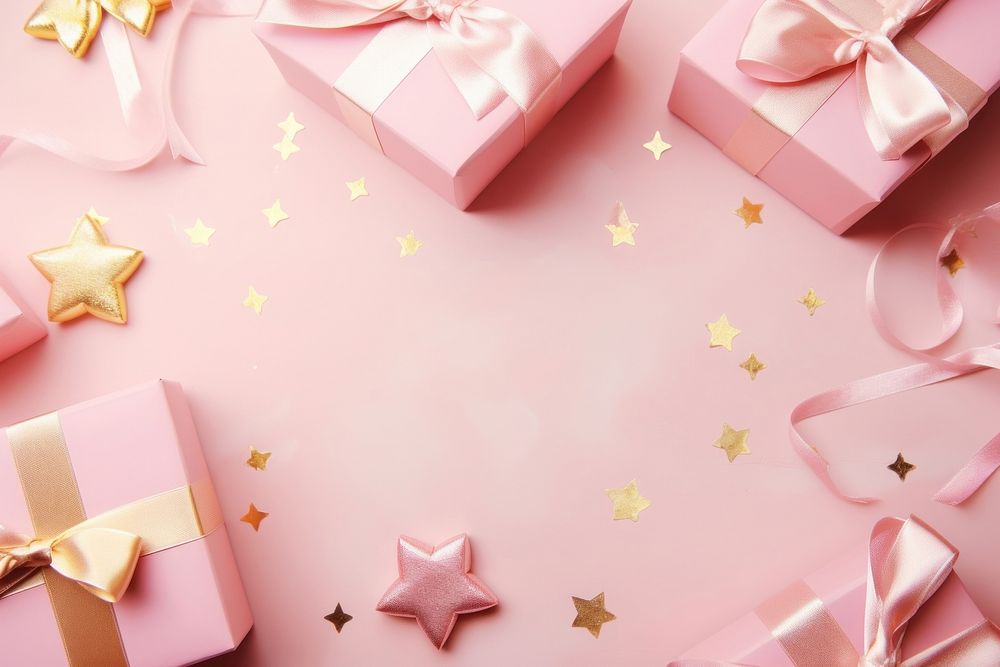 Pastel pink gifts with golden bows and ribbons placed on pink background near stars backgrounds box celebration. AI…