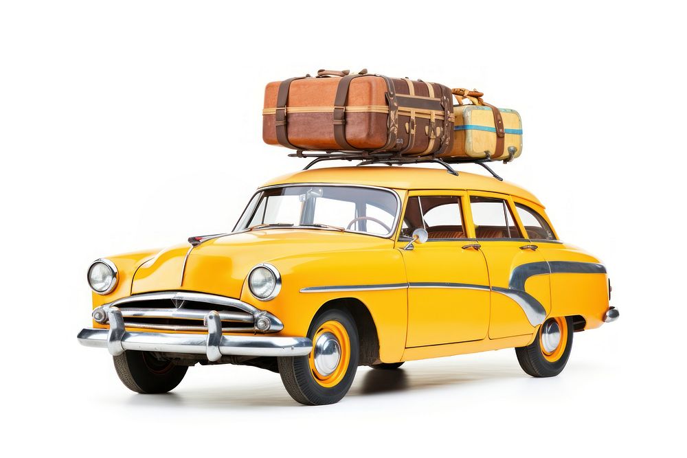 Retro yellow car with luggage and beach colorful equipment on the roof vehicle white background transportation. AI generated…