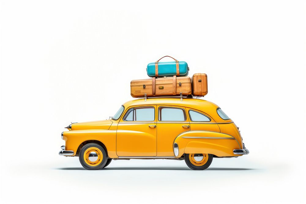 Retro yellow car with luggage and beach colorful equipment on the roof vehicle white background transportation. AI generated…