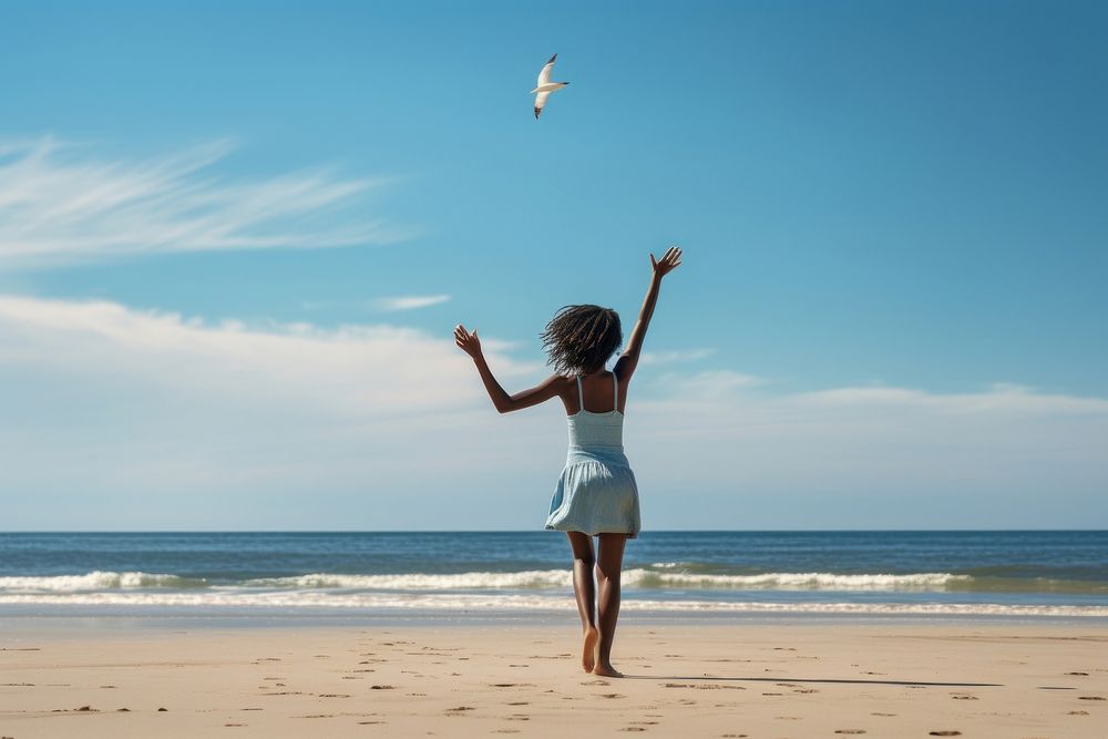 South African girl playing summer beach tranquility. AI generated Image by rawpixel.
