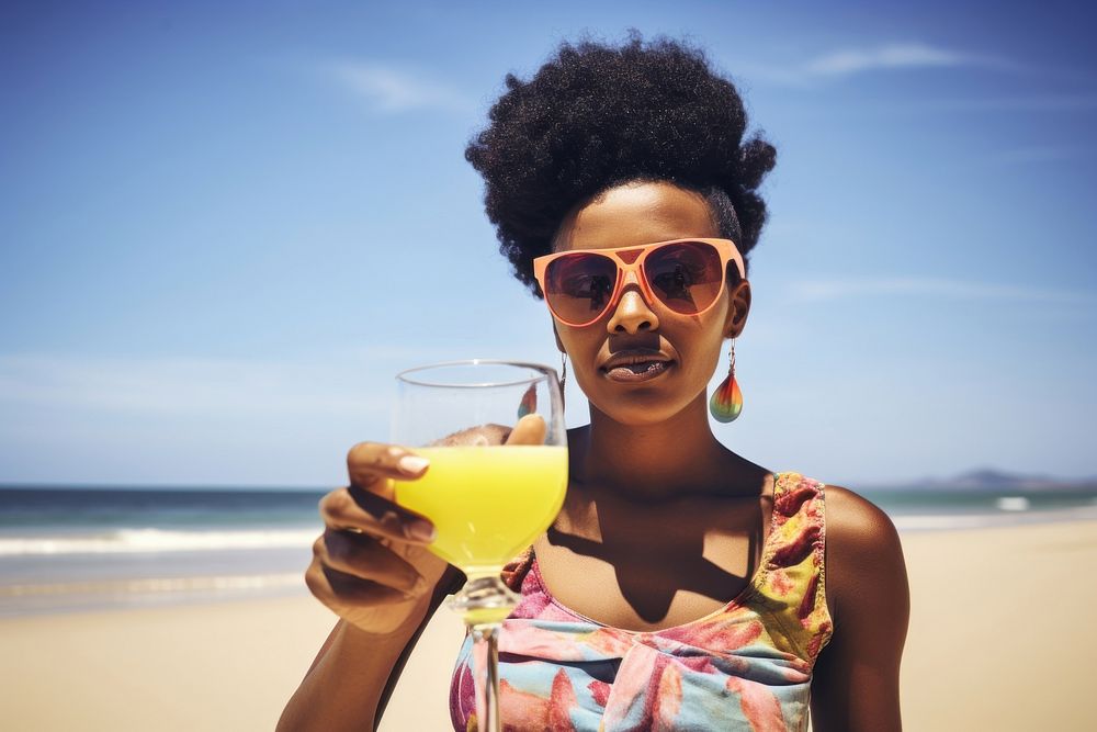 South African woman beach sunglasses cocktail. AI generated Image by rawpixel.