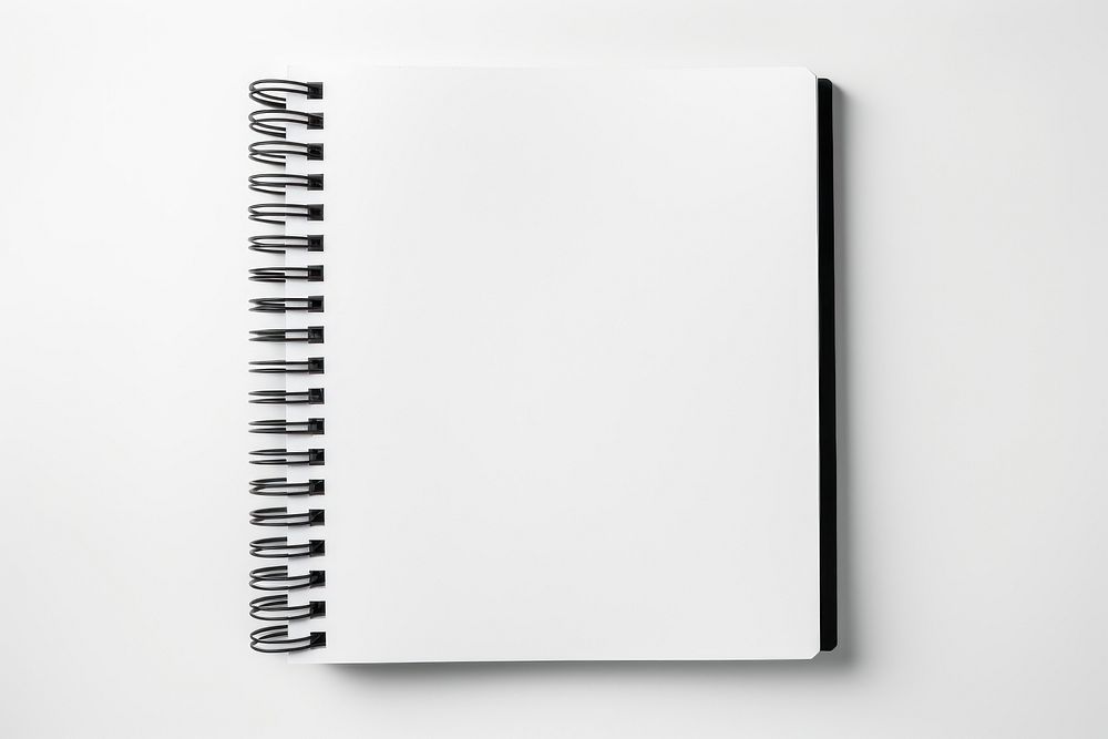 Spiral bound notebook mockup template book open white paper with black paper cover spiral page white background. AI…