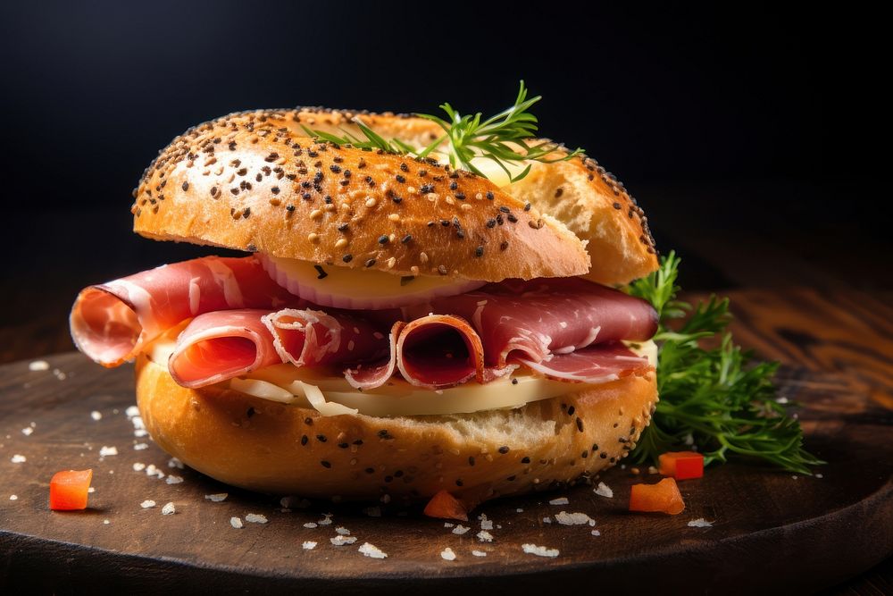 Bagel and smoked ham bread food meat. AI generated Image by rawpixel.