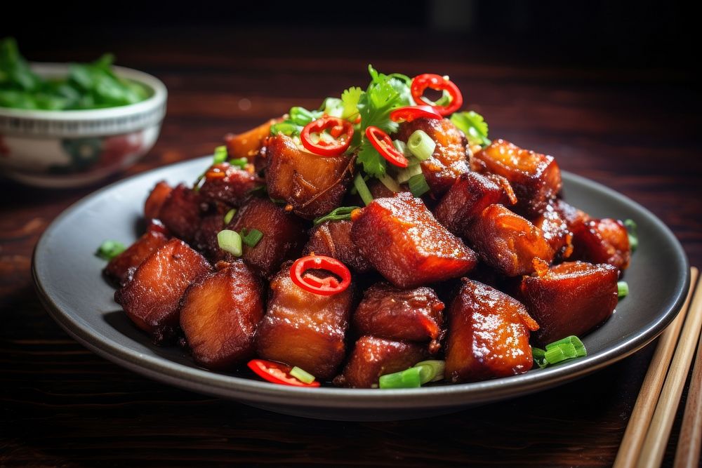 Chinese crispy pork belly plate food meat. AI generated Image by rawpixel.