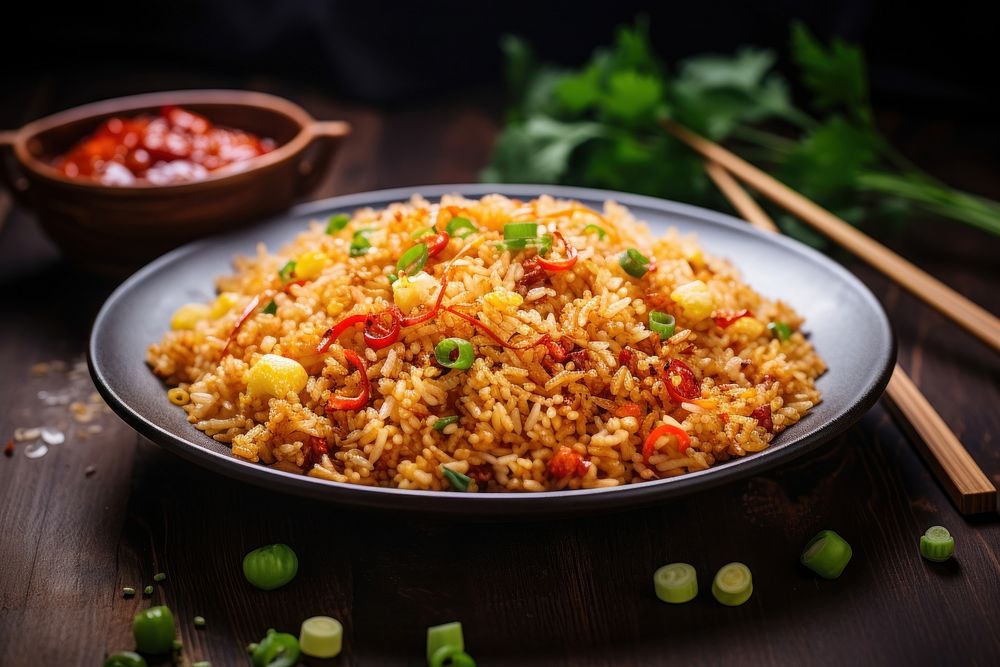 Chinese fried rice plate food chopsticks. AI generated Image by rawpixel.