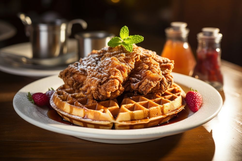 Chicken and waffles brunch plate food. AI generated Image by rawpixel.
