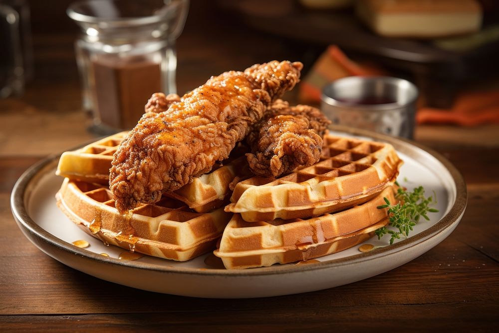 Chicken and waffles plate food meat. AI generated Image by rawpixel.