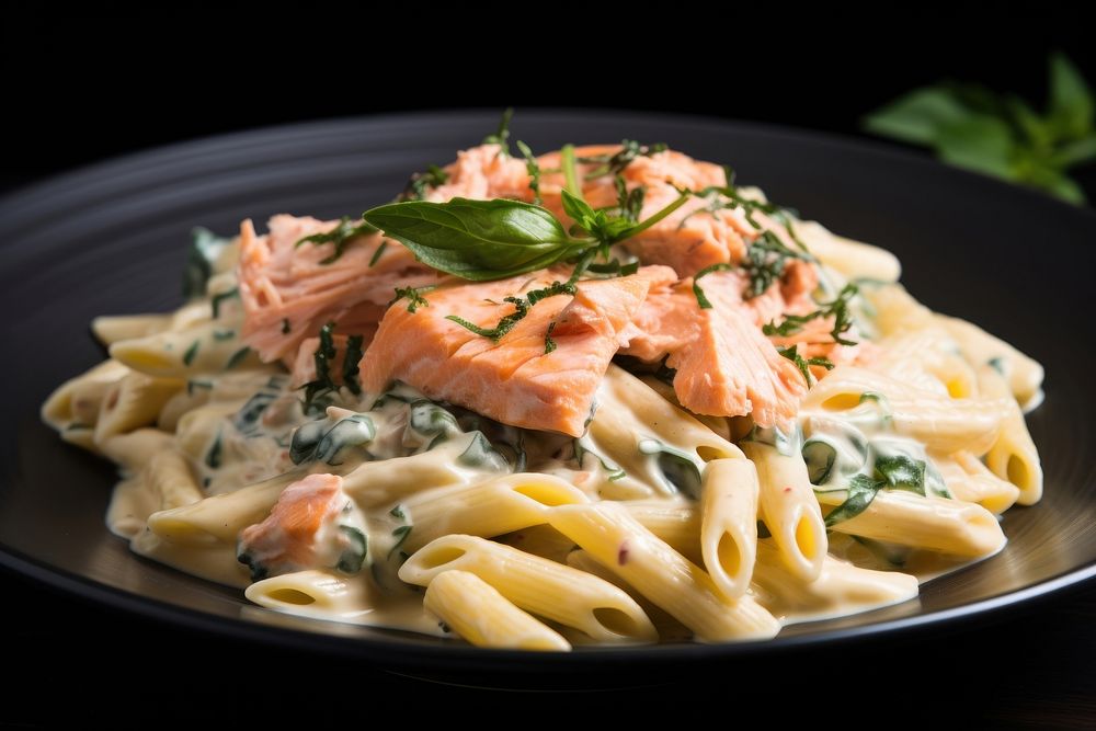 Creamy salmon pasta seafood plate fettuccine. AI generated Image by rawpixel.