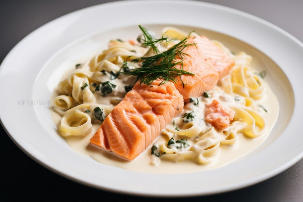 Creamy salmon pasta seafood plate fettuccine. AI generated Image by rawpixel.