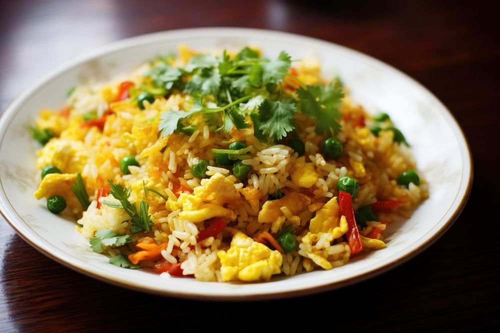 Egg fried rice plate food vegetable. AI generated Image by rawpixel.