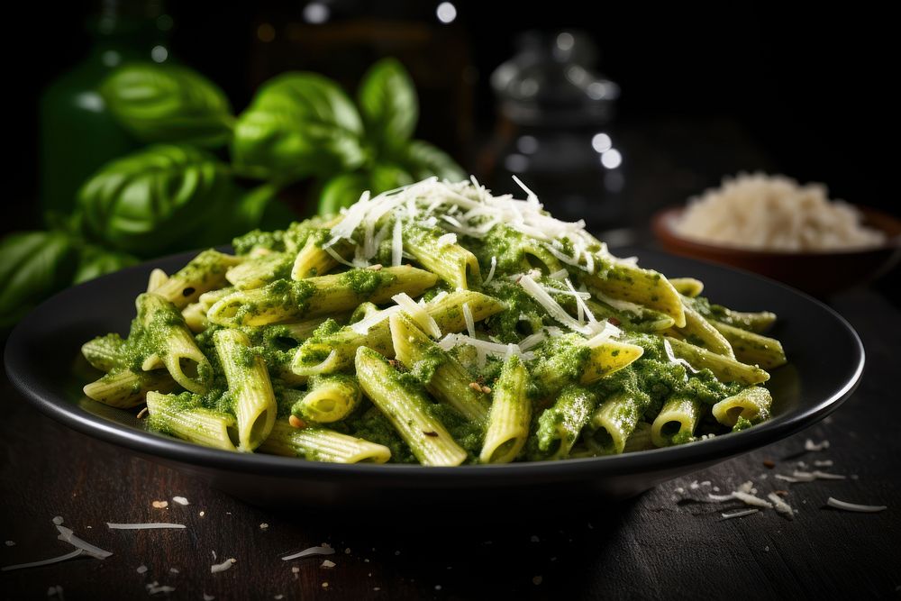 Pesto penne pasta plate food fettuccine. AI generated Image by rawpixel.