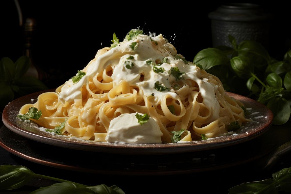 Spaghetti alfredo pasta plate food. AI generated Image by rawpixel.