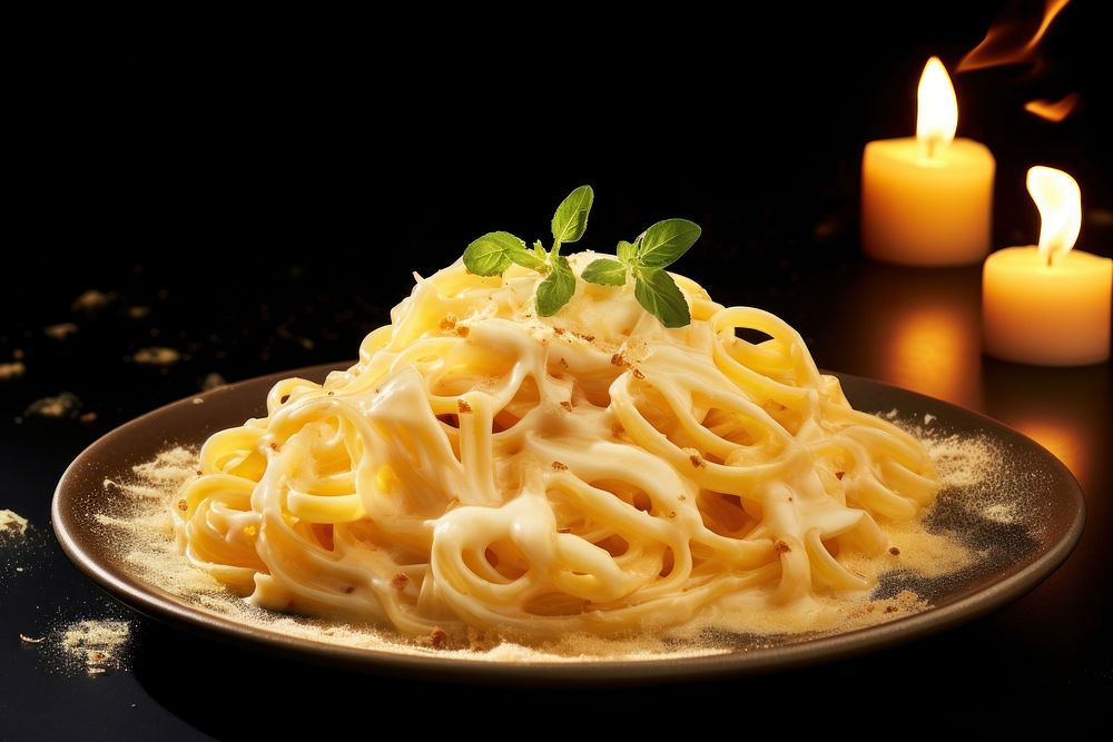 Spaghetti alfredo candle pasta plate. AI generated Image by rawpixel.