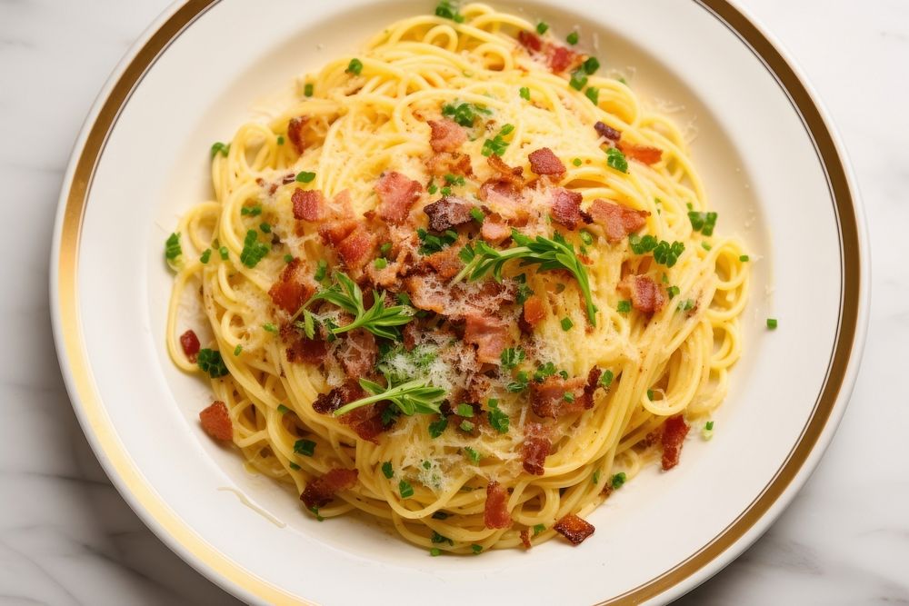 Spaghetti carbonara pasta plate food. AI generated Image by rawpixel.