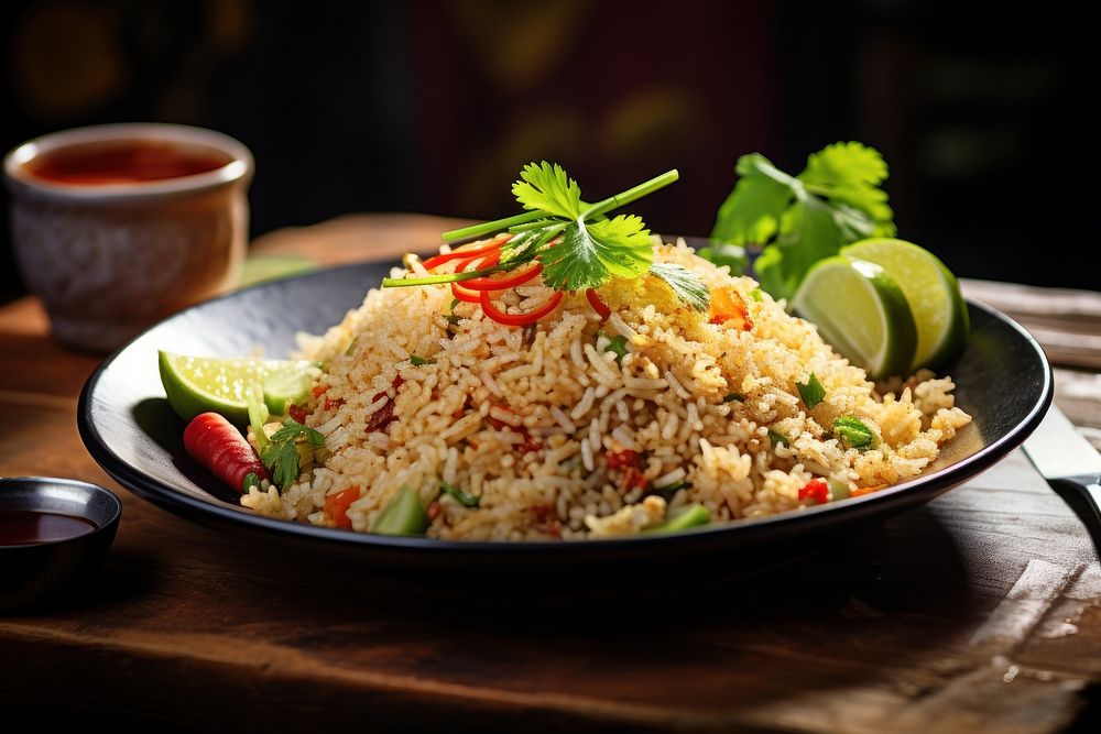 Thai fried rice plate food vegetable. AI generated Image by rawpixel.