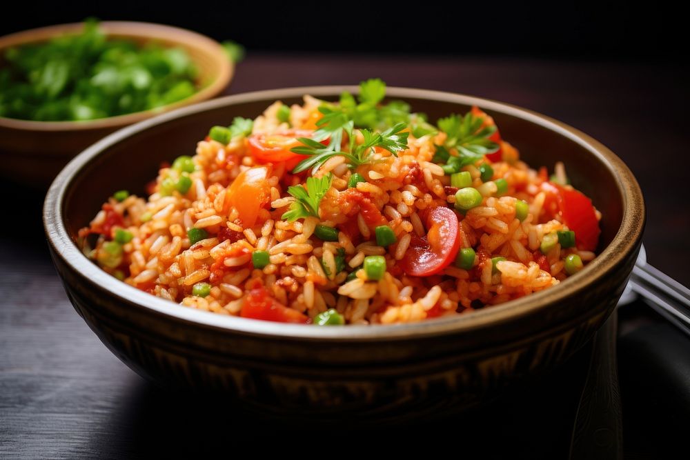 Tomato paste fried rice plate food vegetable. 