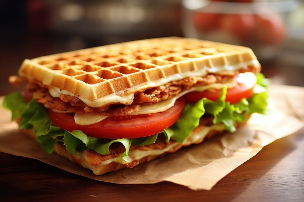 Waffle sandwich food breakfast vegetable. AI generated Image by rawpixel.