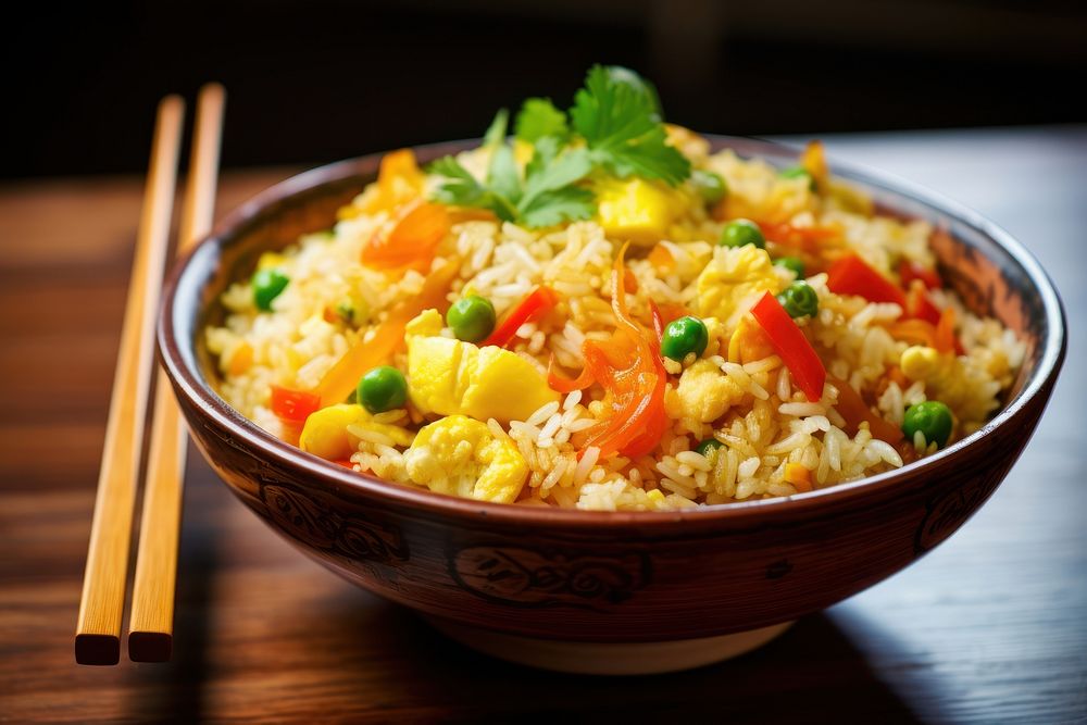 Egg fried rice chopsticks food vegetable. AI generated Image by rawpixel.