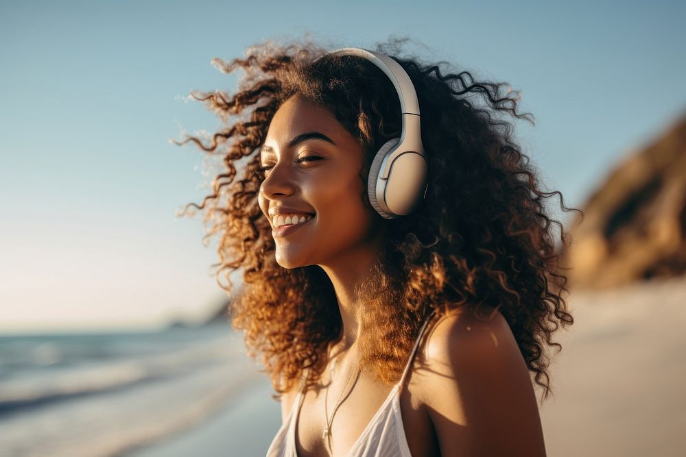 Black woman with long hair headphones listening headset. AI generated Image by rawpixel.