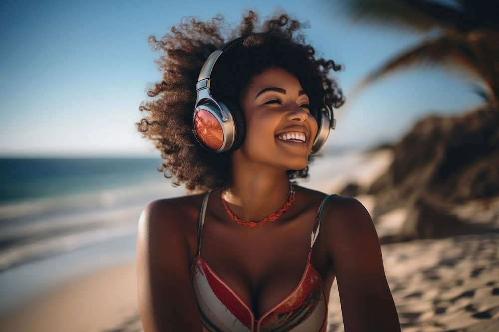 Black woman headphones listening smiling. AI generated Image by rawpixel.
