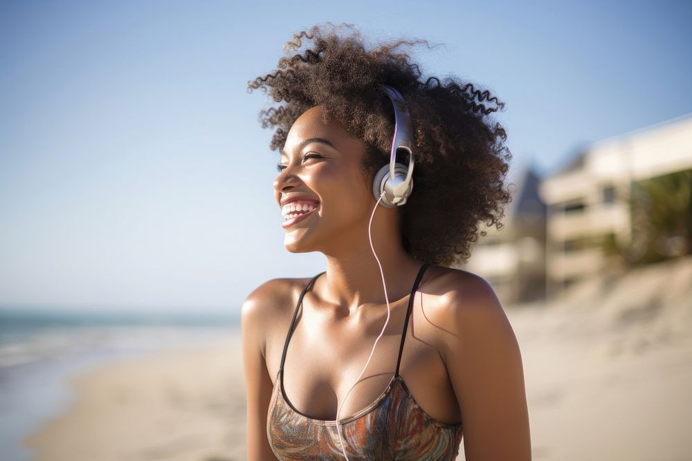 Black woman photography headphones listening. AI generated Image by rawpixel.