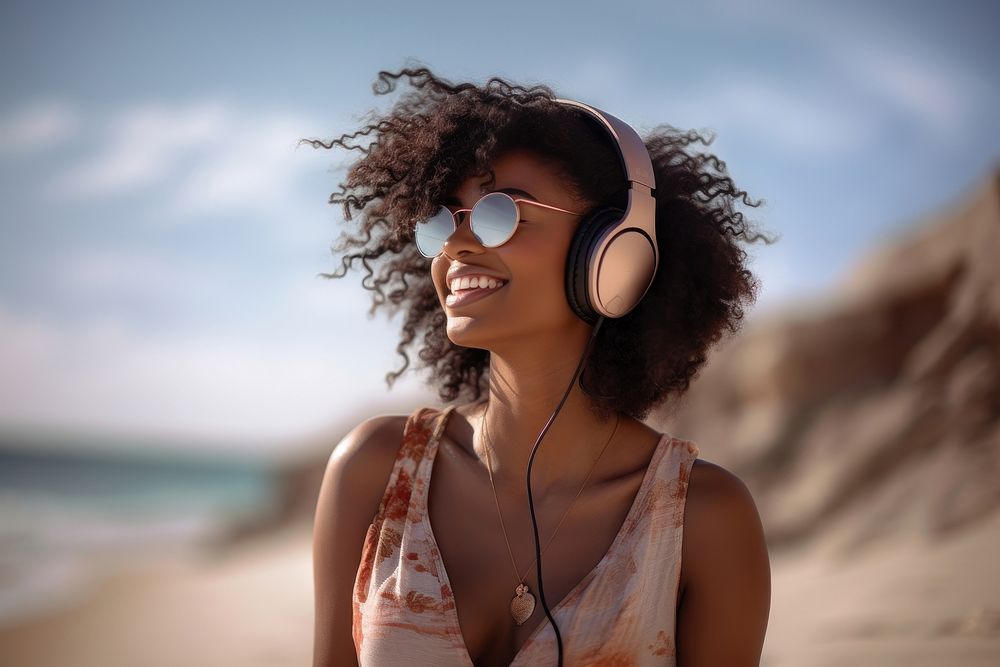 Black woman photography headphones listening. AI generated Image by rawpixel.
