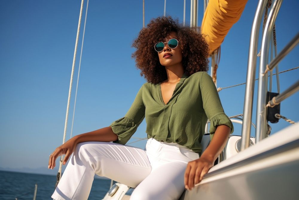 Black woman on a yacht sunglasses summer adult. AI generated Image by rawpixel.