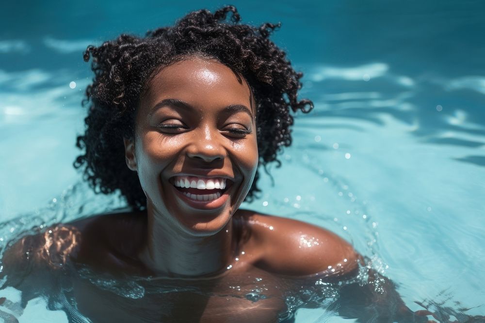 Black woman swimming in a pool smiling summer smile. AI generated Image by rawpixel.