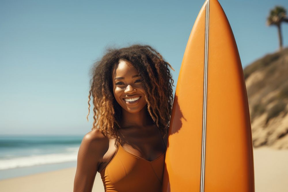 Black auntie surfing outdoors smiling. AI generated Image by rawpixel.