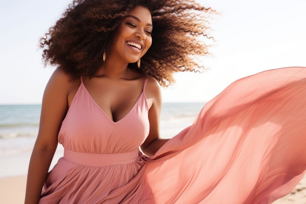 Black chubby woman in a pink sun dress summer beach smile. AI generated Image by rawpixel.