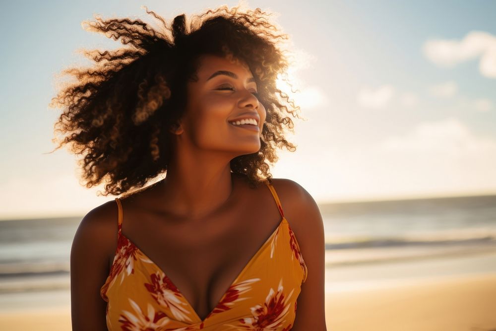 Black chubby woman in a sun dress laughing summer beach. AI generated Image by rawpixel.