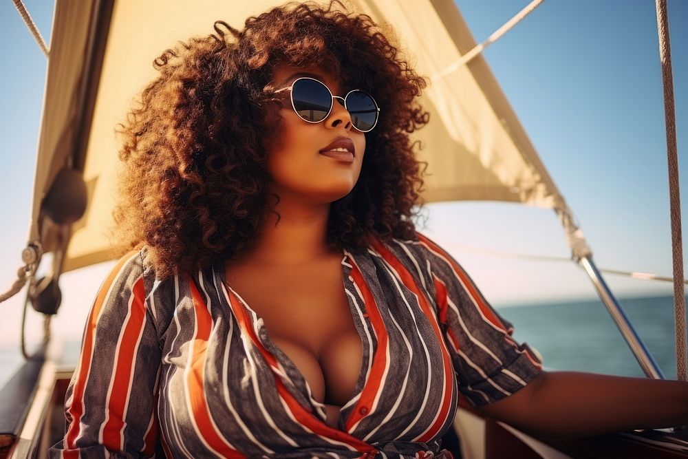Black chubby woman on a yacht glasses summer adult. AI generated Image by rawpixel.