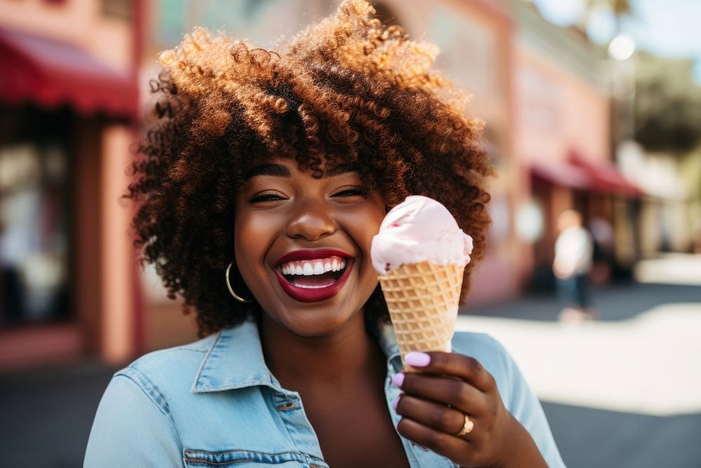 Black chubby woman laughing dessert smiling. AI generated Image by rawpixel.