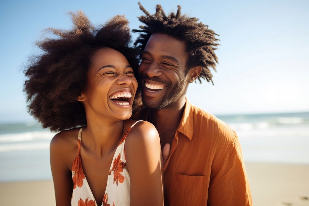 Black couple beach photography laughing. AI generated Image by rawpixel.
