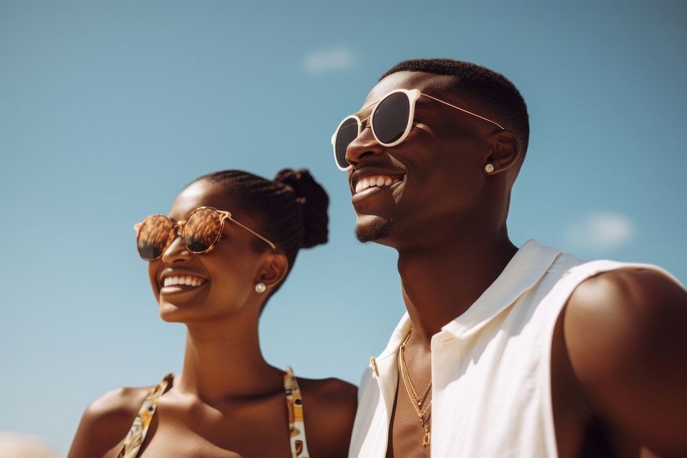 Black couple sunglasses laughing smiling. AI generated Image by rawpixel.
