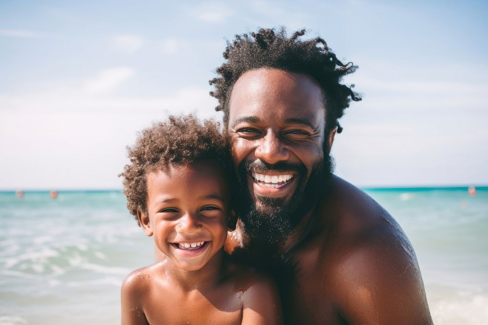 Black father and a son beach photography laughing. AI generated Image by rawpixel.