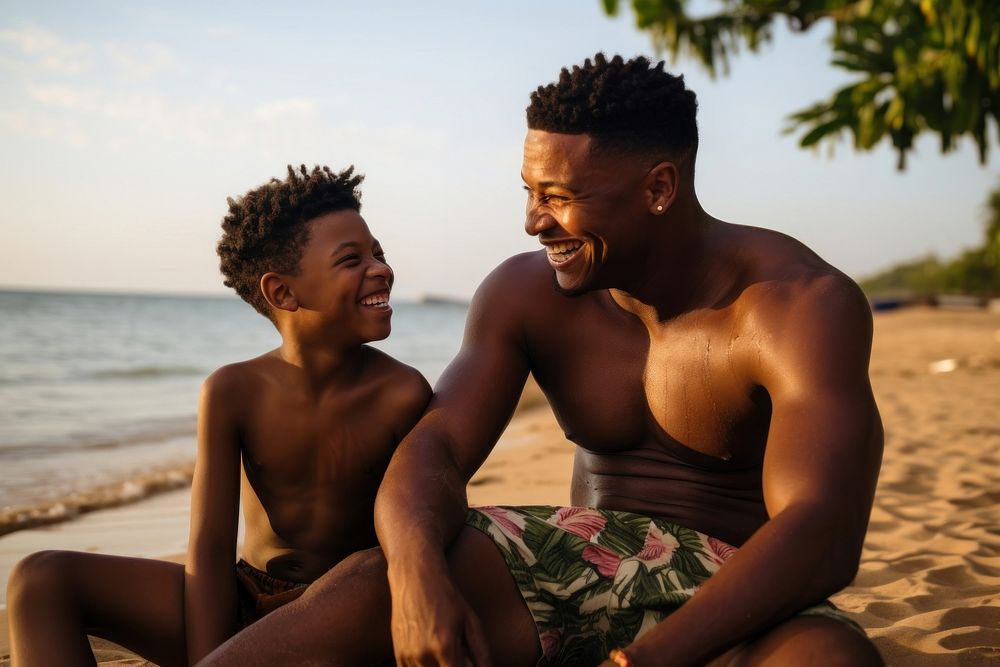 Black father and a son beach outdoors smiling. AI generated Image by rawpixel.