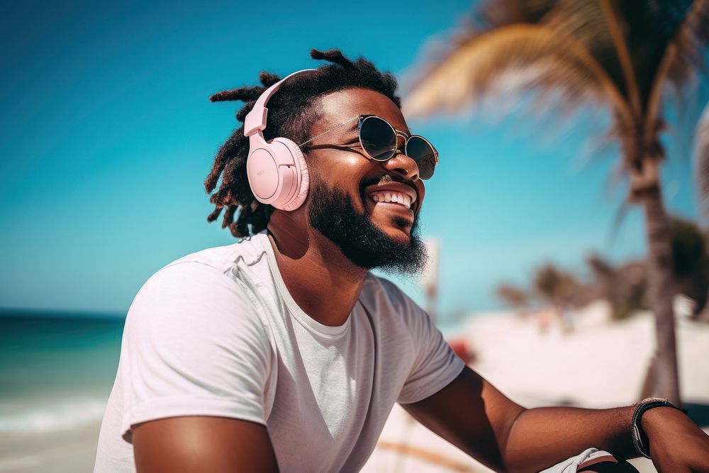 Black man headphones listening headset. AI generated Image by rawpixel.