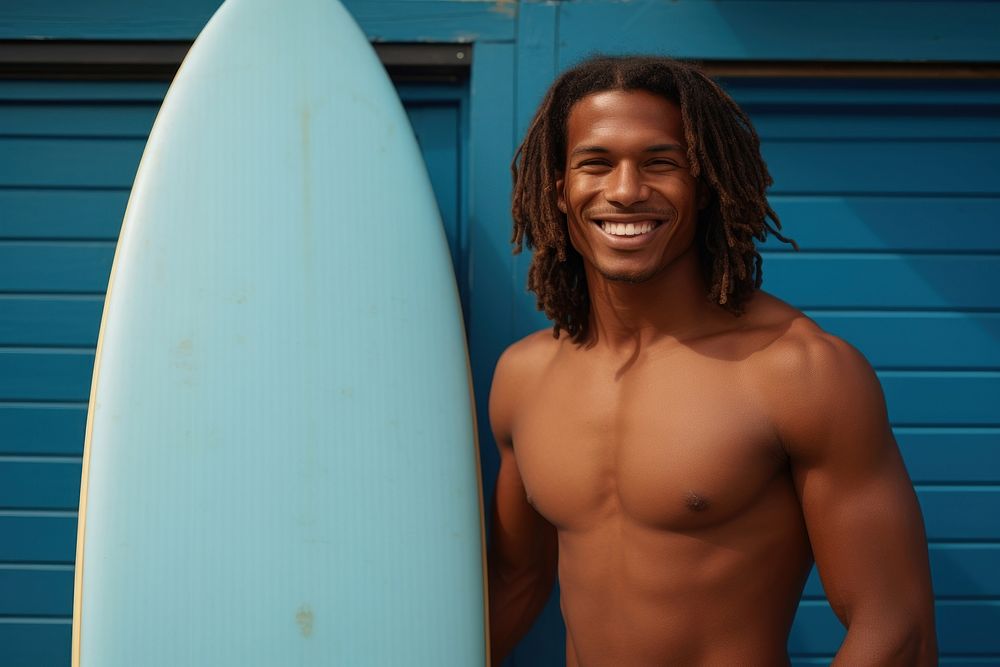 Black man outdoors smiling surfing. AI generated Image by rawpixel.