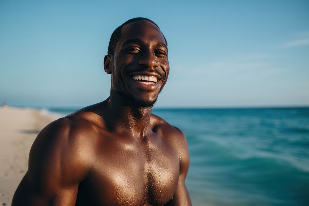 Black man smiling summer beach. AI generated Image by rawpixel.