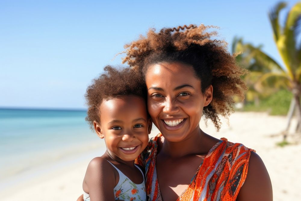 Black mum and a child beach photography portrait. AI generated Image by rawpixel.